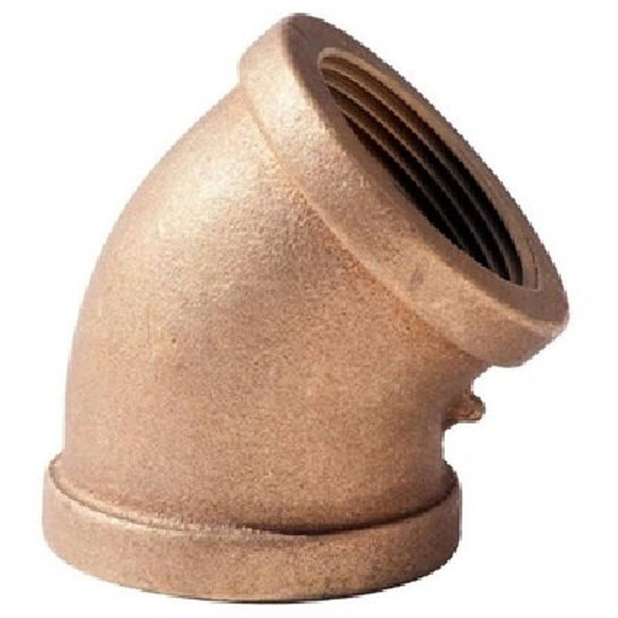 Close-up of a threaded brass 45-degree plumbing elbow fitting with visible internal threads and textured finish.