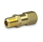 Studio photo of brass air hose connector lying on its side showing threaded end