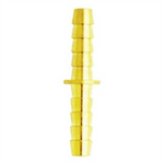 Brass barbed hose mender coupler with stepped ridges on both ends and a small central stop, photographed on white background.