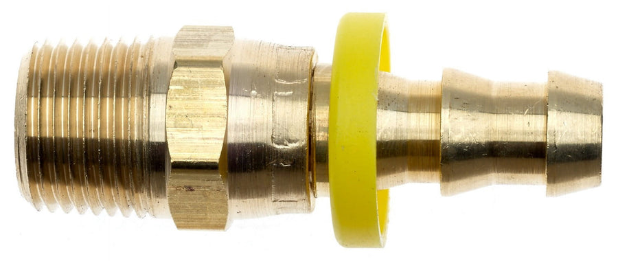 Close-up of a brass male threaded hose barb coupling with a yellow retaining ring on the barb end.