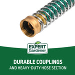 Close-up of a brass hose fitting and surrounding chrome spring over a green reinforced hose above Expert Gardener logo
