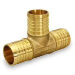 Angled view of a brass PEX barb tee plumbing fitting with three barbed hose ends on white background