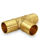 Close-up of a brass PEX barb tee pipe fitting with three ribbed barbed ends on white background