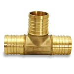 Front-facing brass PEX barb tee fitting showing three ribbed hose connections on white background