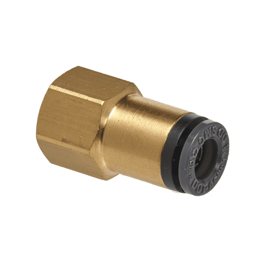Brass push-to-connect female fitting with hex nut and black plastic collet, photographed on white background