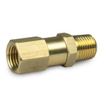 Angled studio image of brass swivel air hose connector showing hex nut and threads