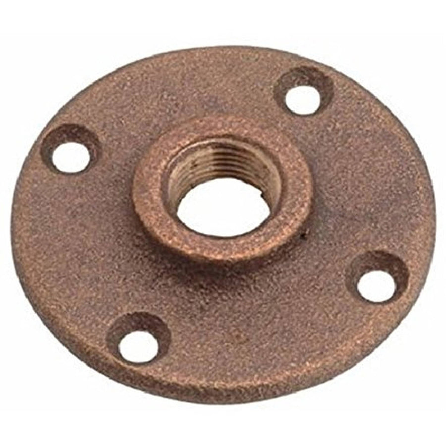 Round threaded brass floor flange with central female thread and four evenly spaced mounting holes, antique finish