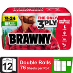 Packaged Brawny paper towel 12-double-roll bundle with plaid-shirt mascot and large BRAWNY logo