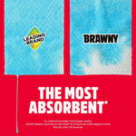 Absorbency comparison showing two paper towel halves on red background with logos and bold text “The most absorbent.”