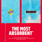 Two paper towel strips against red background showing 'Leading Brand' vs 'Brawny' with headline 'The Most Absorbent'