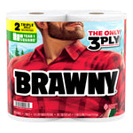 Front-facing Brawny double roll package showing large logo, lumberjack torso in red plaid and Tear-A-Square badge