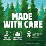 Green forest watercolor background with white text “Made With Care” and sustainable forestry certification icons.