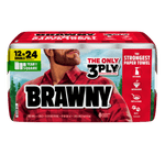 Brawny paper towel multi-roll package with large logo, plaid-shirt character and 3-ply claim