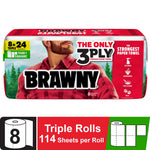 Packaged Brawny paper towel multipack with lumberjack logo, red plaid branding and product callouts on white background.