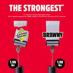 Comparison graphic showing Brawny towel and a leading brand on rollers with ‘The Strongest’ headline