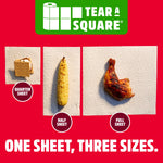 Tear-A-Square graphic with three sample sheet sizes (quarter, half, full) each holding food items and 'One sheet, three sizes'