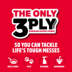 Red graphic reading ‘The Only 3PLY’ with icons for kitchens, bathrooms, pots & pans and pets
