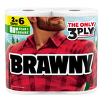 Brawny twin paper towel rolls with bold logo and 'The Only 3 Ply' label on white background