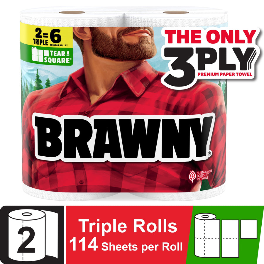Close-up of two Brawny paper towel rolls with red-plaid lumberjack logo and 3-ply callout