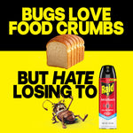Loaf of bread and a cartooned defeated bug next to a Raid Ant & Roach aerosol with text about food crumbs
