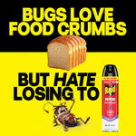 Loaf of bread and playful roach illustration next to a Raid Defend lavender aerosol can with bold text