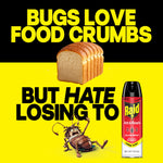 Slice of bread and a stylized cartoon insect next to a Raid Ant & Roach can with bold copy about food crumbs