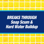 Bold text panel reading 'BREAKS THROUGH Soap Scum & Hard Water Buildup' over yellow tile pattern background
