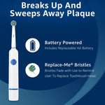 Product benefits graphic showing a white Infinity toothbrush and text highlighting battery power and replace-me bristles