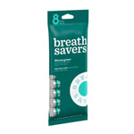 Angled view of a teal Breath Savers Wintergreen pack showing stacked mint rolls and large branded logo.
