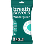 Vertical product bag of Breath Savers Wintergreen with visible mint rolls and bold brand logo on teal packaging.