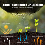 Graphic showing water droplets passing through black breathable landscape fabric with soil and sprouting seedlings underneath