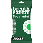 Green packaged Breath Savers spearmint multipack showing partial rolls and large "8 rolls" text on front