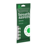 Angled view of green Breath Savers spearmint package with visible roll ends and brand logo