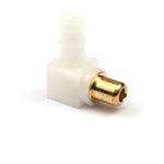White plastic and brass right-angle hose connector with barbed inlet, studio product shot on white