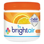 White jar of Brightair odor eliminator with orange lid and citrus label showing mandarin and lemon slices