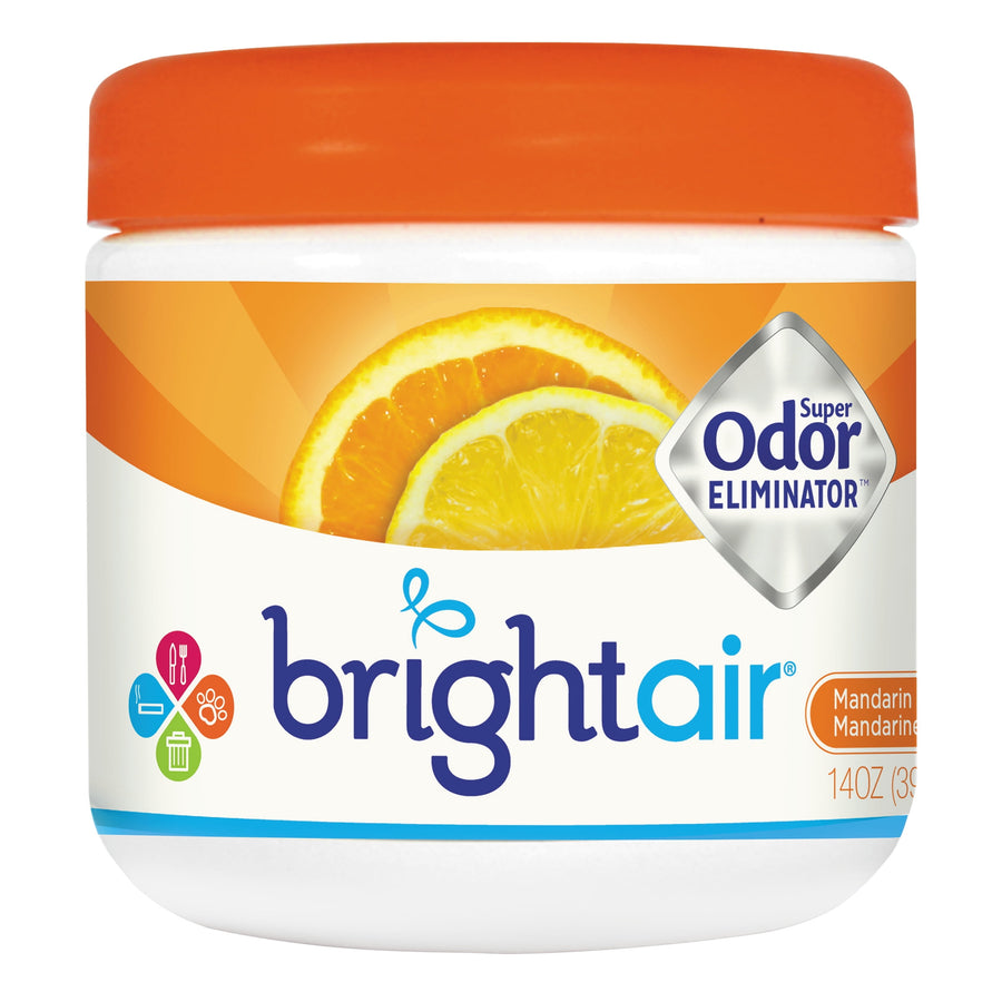 White jar of Brightair odor eliminator with orange lid and citrus label showing mandarin and lemon slices