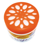 Top-down view of Brightair container showing orange perforated floral-pattern lid and portion of white label