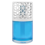 Clear glass air freshener bottle with bright blue oil and white decorative vented cap