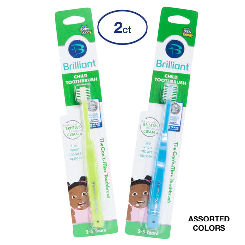 Two Baby Buddy Brilliant child toothbrushes in blister cards, assorted blue and green handles, packaging shows brand and age 2-5 years.
