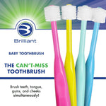 Four Brilliant round-head baby toothbrushes in pink, yellow, mint and blue with brand logo and tagline.