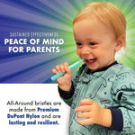 Toddler chewing a mint Brilliant toothbrush with copy claiming ‘Peace of mind for parents’ and material information below.