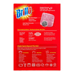 Back of Brillo box with product infographic showing a soap pad, callouts for bonded edges and anti-rust formula, plus usage instructions