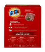 Back of Brillo packaging showing product callouts, use instructions and a close-up pad cross-section