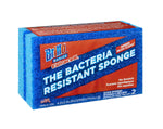 Angled view of Brillo Basics Estracell blue scrub sponges packaged with prominent "The Bacteria Resistant Sponge" branding