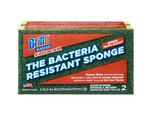 Front-facing product package of Brillo Basics Estracell heavy-duty scrub sponge with bold 'THE BACTERIA RESISTANT SPONGE' text