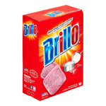 Angled three-quarter view of Brillo red box showing logo, two pink pads and cookware images against a white background