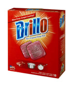 Angled Brillo product box with logo, soap pad image and cookware icons on red background