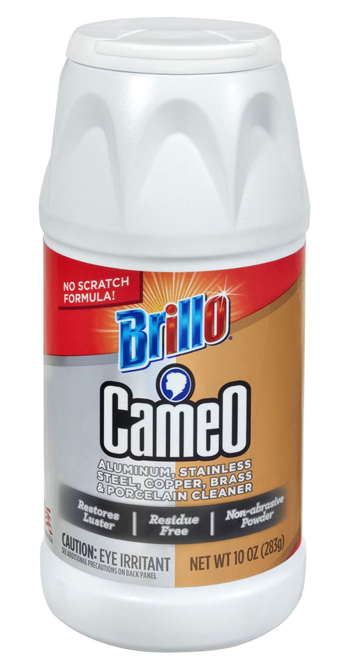 Close-up of a Brillo Cameo powder cleaner bottle with visible label and white twist-top cap.
