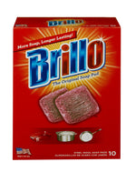 Front-facing Brillo red box showing logo, two pink soap pads and small cookware icons on white background