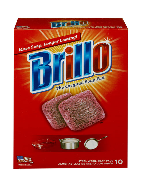 Front-facing Brillo red box showing logo, two pink soap pads and small cookware icons on white background